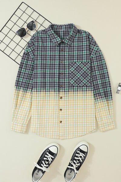 Blackish Green Contrast Plaid Patchwork Chest Pocket Button up Shacket-Outerwear-MomFashion