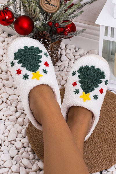 White Fuzzy Christmas Tree Pattern Home Slippers-Shoes & Bags-MomFashion