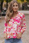 Bright White Floral Print Split V Neck Blouse-Tops-MomFashion