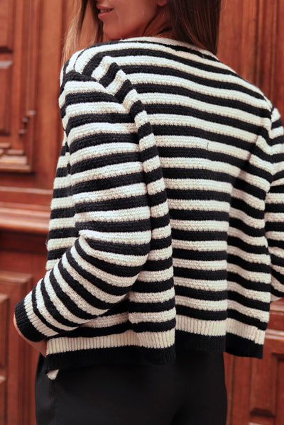 Black Contrast Striped Print Cardigan-Tops-MomFashion