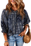 Navy Blue Vintage Boho Paisley Print 3/4 Sleeve Blouse-Tops-MomFashion