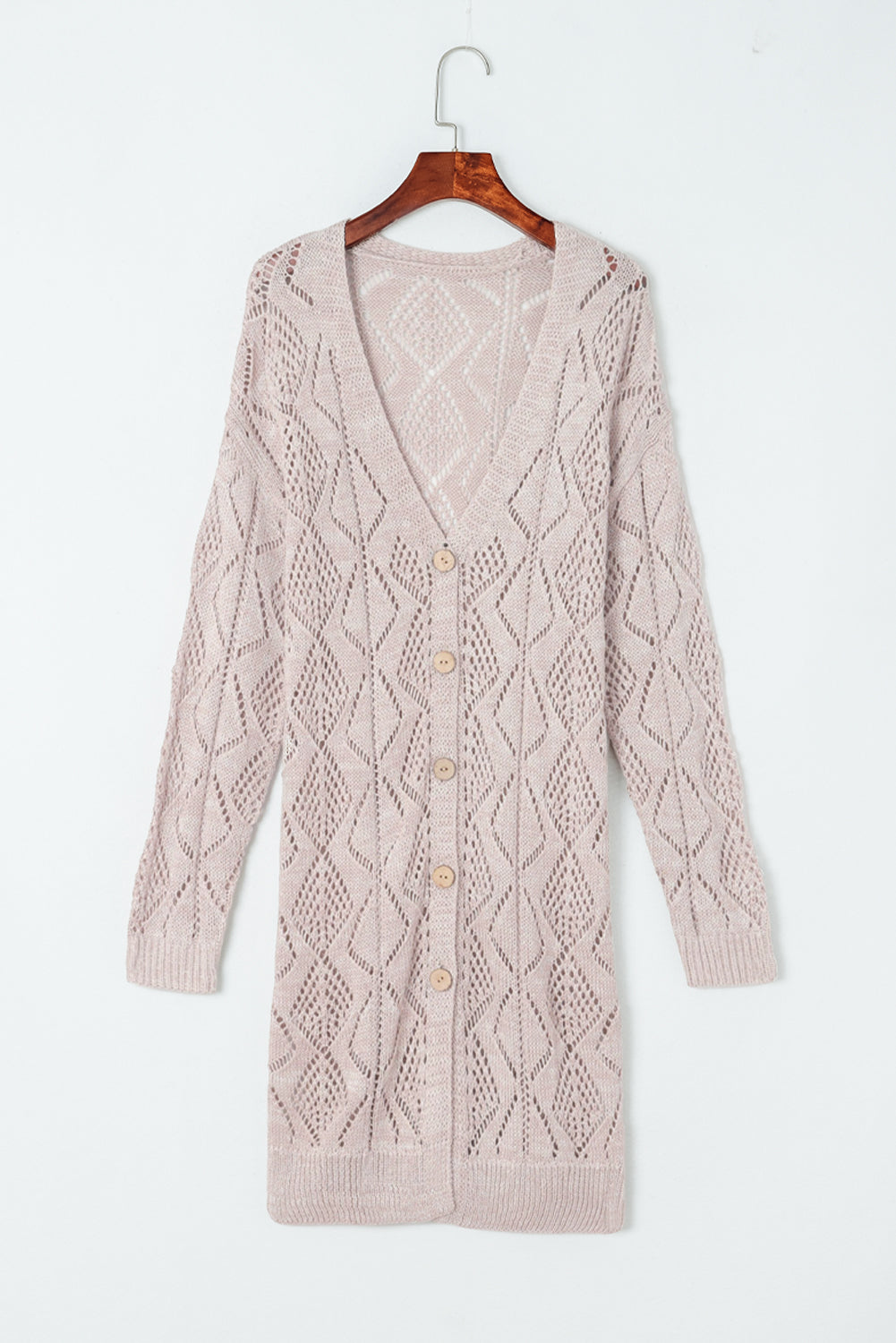 Khaki Hollow-out Openwork Knit Cardigan-Tops-MomFashion
