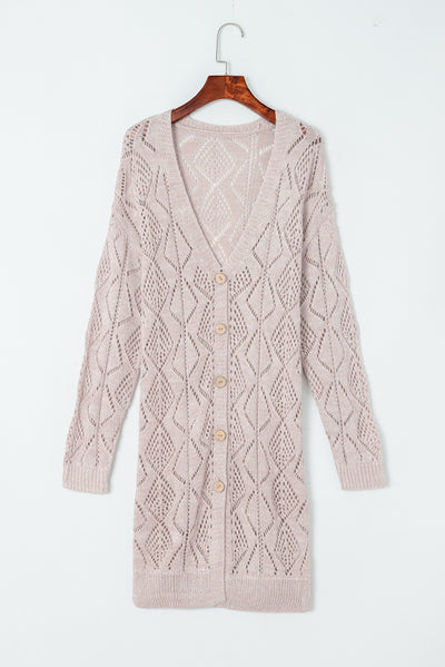 Khaki Hollow-out Openwork Knit Cardigan-Tops-MomFashion