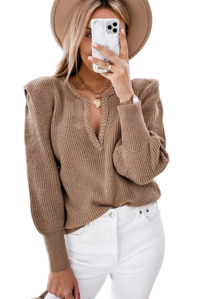 Brown Braided Notched V Neckline Puff Sleeve Knitted Sweater-Tops-MomFashion