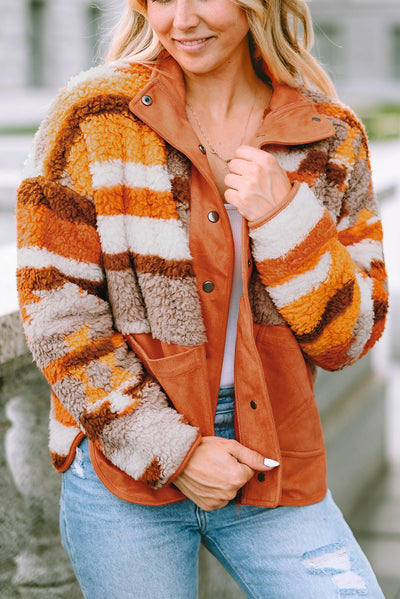 Brown Quilted Patch Pockets Aztec Furry Jacket-Outerwear-MomFashion