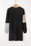 Black Ribbed Color Block Drop Shoulder Long Sleeve Mini Dress-Dresses-MomFashion