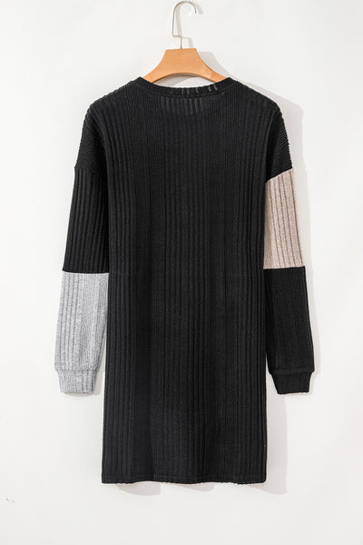 Black Ribbed Color Block Drop Shoulder Long Sleeve Mini Dress-Dresses-MomFashion