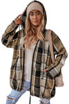 Brown Checkered Drawstring Hooded Zip-Up jacket-Outerwear-MomFashion