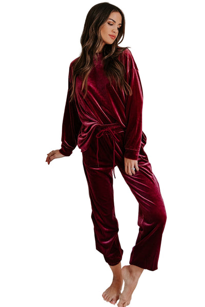 Fiery Red Solid Velvet Two Piece Lounge Set-Loungewear-MomFashion