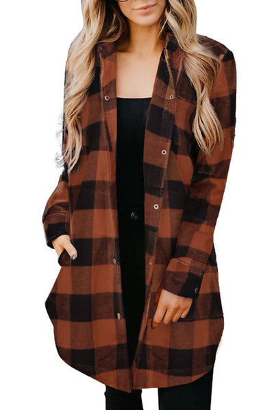 Brown Turn-down Collar Plaid Shirt Coat-Outerwear-MomFashion