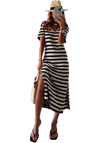 Black Stripe Print V Neck Maxi Dress with Side Splits-Dresses-MomFashion