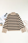 Khaki Striped Mock Neck Bell Sleeve Knit Sweater-Tops-MomFashion