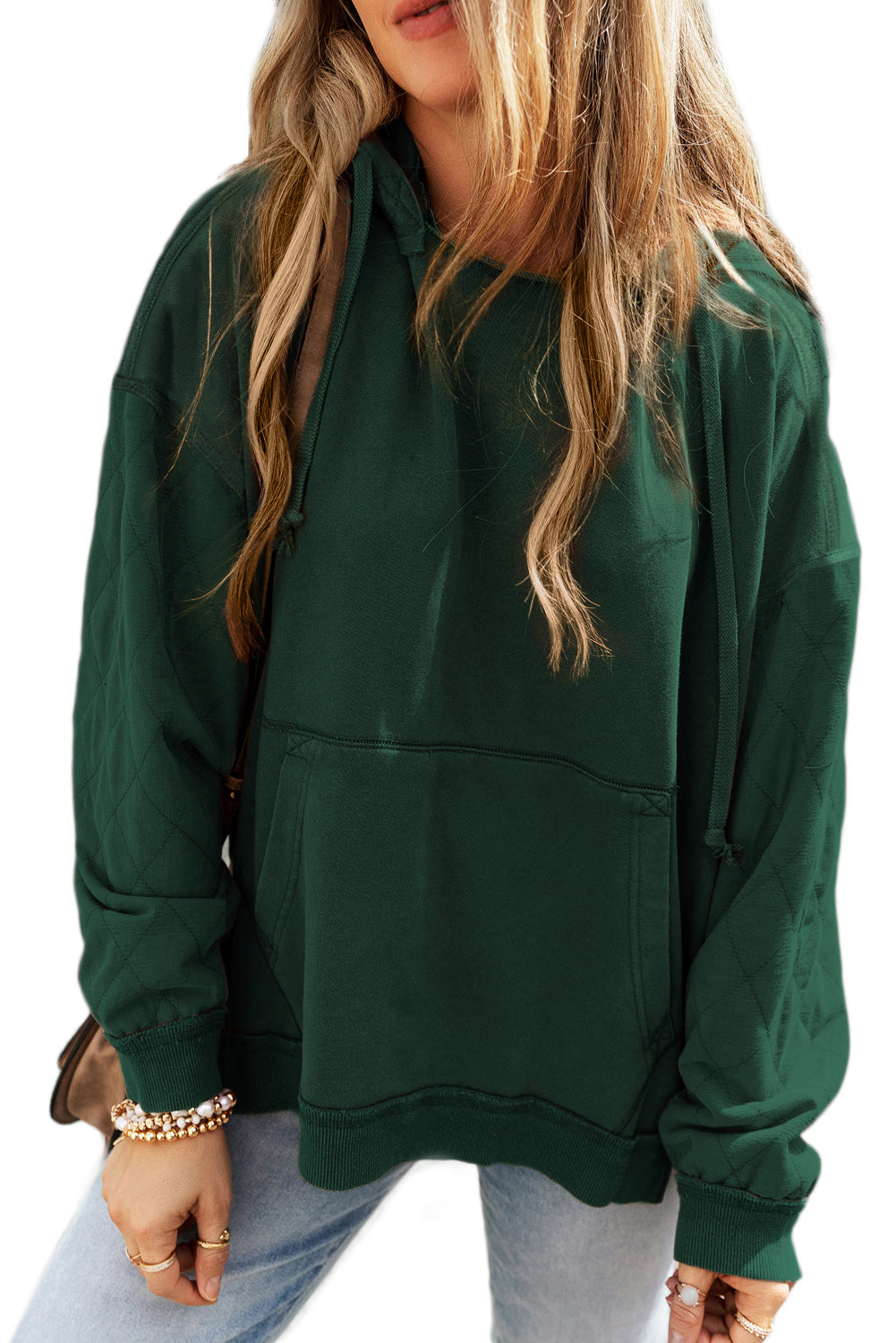 Blackish Green Quilted Patchwork Exposed Seam Hoodie-Tops-MomFashion