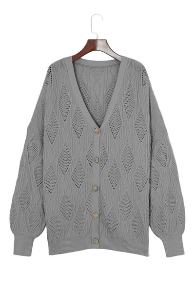 Gray Plus Size Knitted Hollow out Button up Cardigan-Plus Size-MomFashion