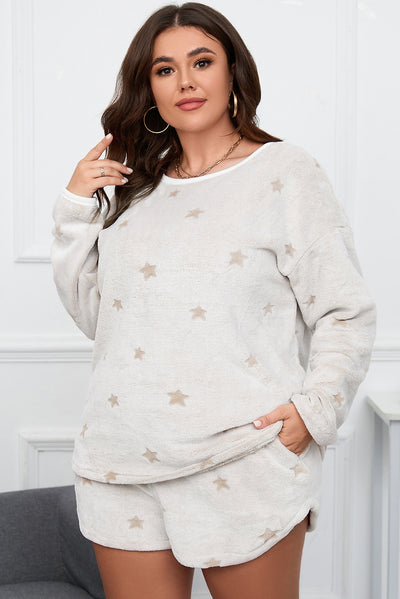 White Plus Size Plush Star Pattern Top and Shorts Set-Plus Size-MomFashion