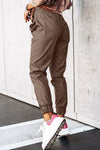 Brown Leather Tie Waist Jogger Pants-Bottoms-MomFashion