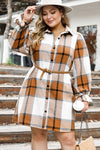 Khaki Plus Size Plaid Flounce Sleeve Button up Shirt Dress-Plus Size-MomFashion