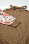 Brown Floral Patchwork Puff Sleeve Textured Blouse-Tops-MomFashion