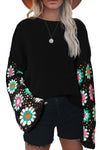 Black Floral Crochet Bell Sleeve Loose Sweater-Tops-MomFashion