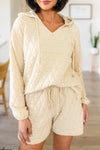 Beige Quilted V Neck Hoodie Drawstring Shorts Set-Loungewear-MomFashion