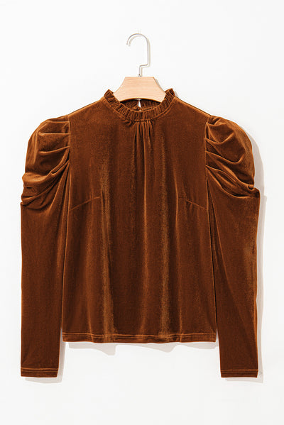 Chestnut Frilled Collar Puff Sleeve Velvet Top-Tops-MomFashion