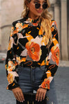 Black Floral Print Mock Neck Blouse-Tops-MomFashion