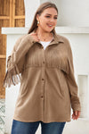 Khaki Fringe Trim Plus Size Suede Shacket-Plus Size-MomFashion