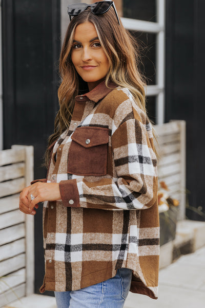 Brown Pocketed Buttoned Plaid Shirt Jacket-Outerwear-MomFashion