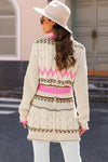 Gray Geometric Cable Knit Pocketed Open Front Cardigan-Tops-MomFashion