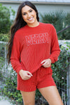 Racing Red Corded MERRY Graphic Long Sleeve Top and Shorts Set-Two Piece Sets/Short Sets-MomFashion