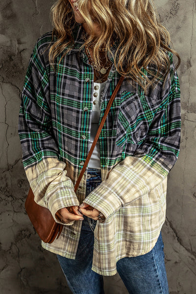 Blackish Green Contrast Plaid Patchwork Chest Pocket Button up Shacket-Outerwear-MomFashion