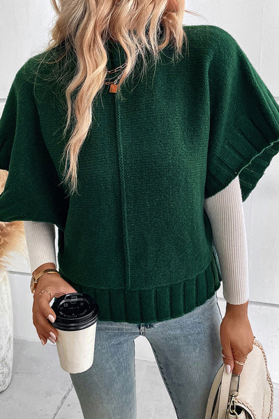 Blackish Green Mock Neck Batwing Short Sleeve Knit Sweater-Tops-MomFashion