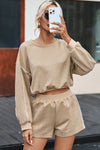 Khaki Piping Trim Long Sleeve Terry Shorts Set-Loungewear-MomFashion