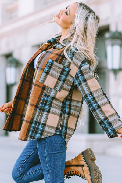 Brown Plaid Color Block Buttoned Shirt with Pockets-Tops-MomFashion