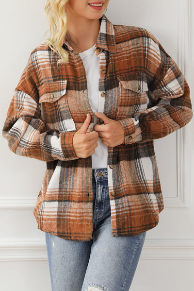 Brown Plaid Flap Pockets Shacket-Outerwear-MomFashion