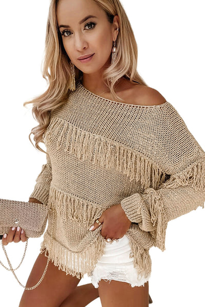 Khaki Boho Tasseled Knitted Sweater-Tops-MomFashion