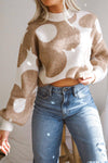 Khaki Big Flower Pattern Drop Shoulder Sweater-Tops-MomFashion