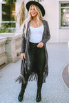 Black Fringed Hem Pocketed Open Cardigan-Tops-MomFashion