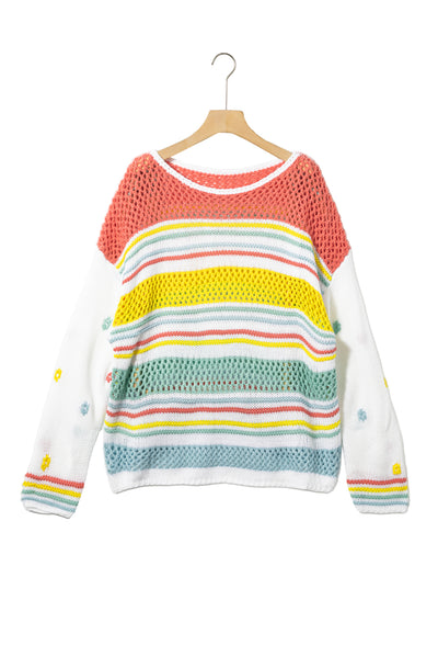 Multicolor Hollow Striped Knit Contrast Sleeve Sweater-Tops-MomFashion