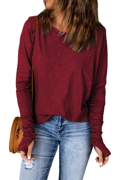 Red Solid Crew Neck Long Sleeve Top-Tops-MomFashion