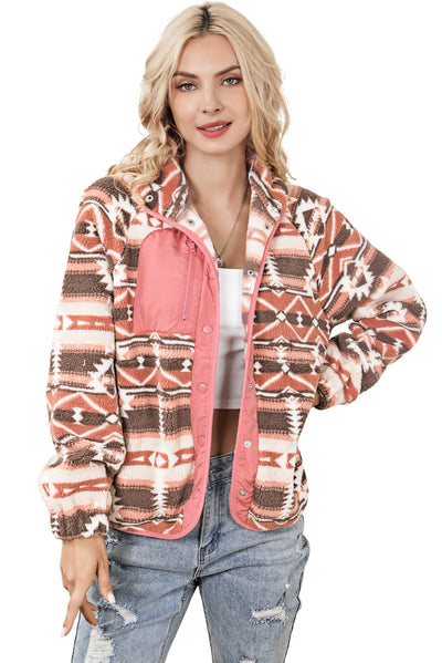 Pink Western Colorblock Snap Buttoned Sherpa Jacket-Outerwear-MomFashion