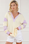 Yellow Colorblock Striped Split Neck Collared Sweatshirt-Tops-MomFashion