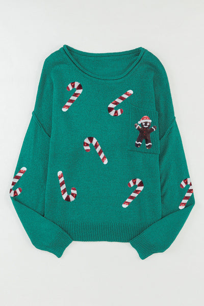 Green Sequined Candy Canes Gingerbread Man Sweater-Tops-MomFashion