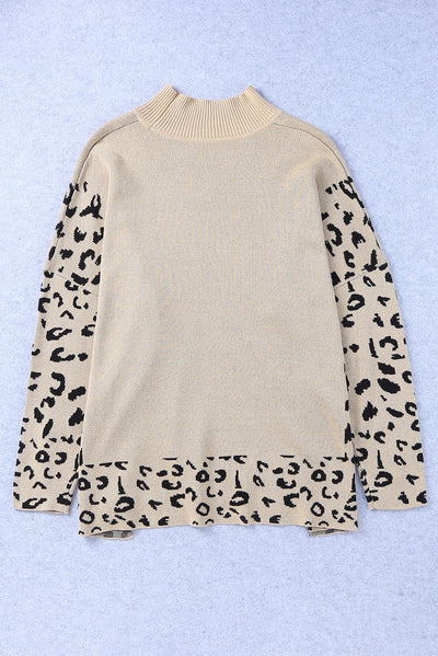 Khaki Leopard High Neck Side Slit Oversized Sweater-Tops-MomFashion