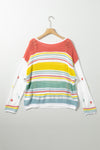 Multicolor Hollow Striped Knit Contrast Sleeve Sweater-Tops-MomFashion