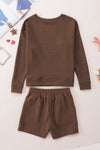 Brown Textured Long Sleeve Top and Drawstring Shorts Set-Loungewear-MomFashion