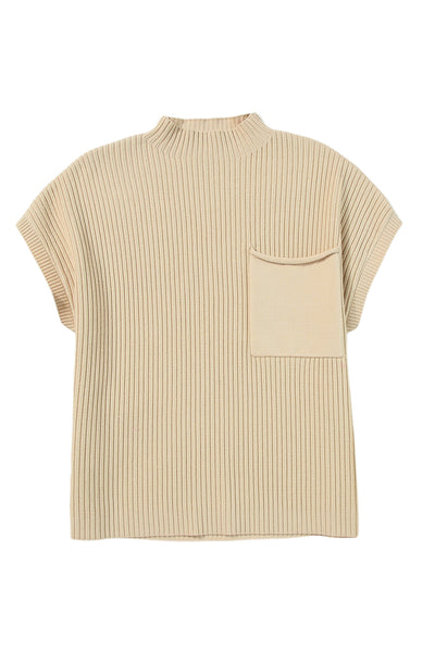 Oatmeal Patch Pocket Ribbed Knit Short Sleeve Sweater-Tops-MomFashion