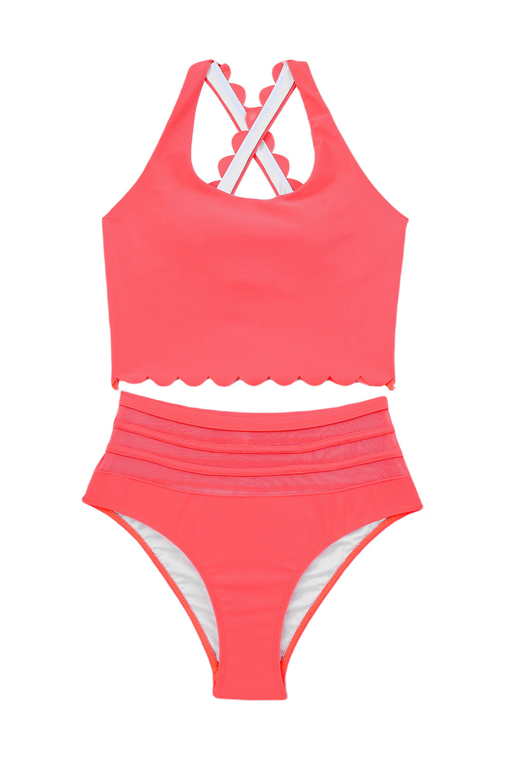 Pink Scalloped Criss Cross High Waist Bikini-Swimwear-MomFashion