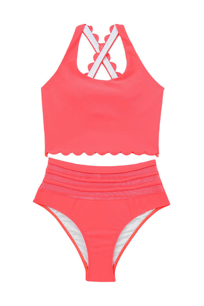 Pink Scalloped Criss Cross High Waist Bikini-Swimwear-MomFashion