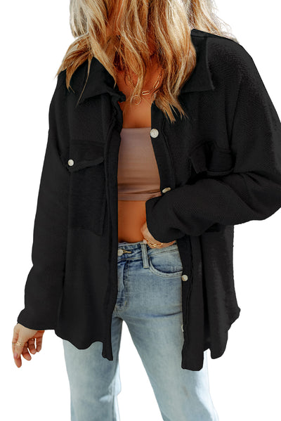 Black Contrast Flap Pockets Relaxed Shacket-Outerwear-MomFashion